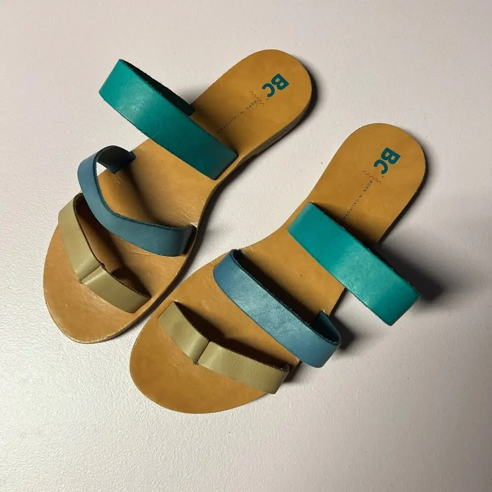 BC Leather Strappy Colorful Slides Sandals Womens 9 Beachy Boho Chic Minimalist
